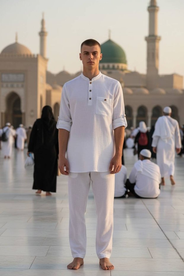 Men's Muslin Hakim Collar Shirt and Pants Two-Piece Set, Cotton Hajj Umrah Outfit
