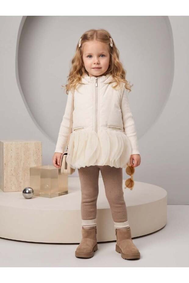 Girl's Tulle Ruffle Detailed Hooded Puffy Vest