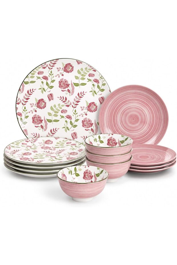 Porcelain ARLO 12-Pc Dinner Set – Elegant Pink, 4 Dinner Plates, 4 Side Plates, 4SmallBowls