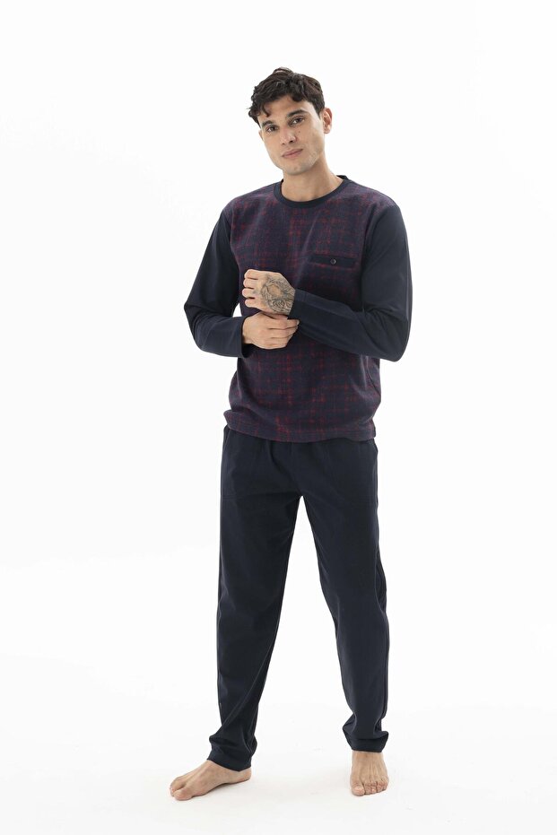Men's Burgundy Plaid Patterned Long Sleeve Crew Neck Pocketed Pajama Set C8T0N662