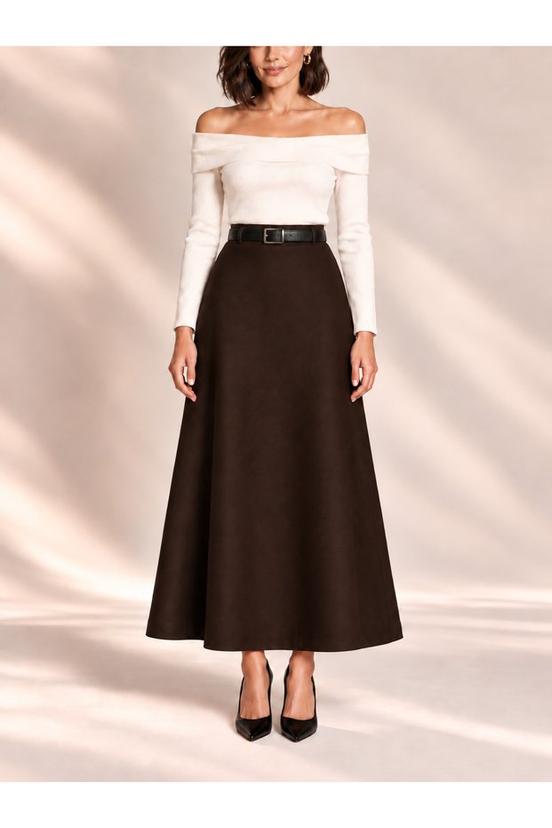 A-Cutted Brown Woven Maxi Skirt with Belt