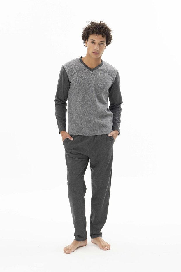Men's Long Sleeve V-Neck Gray Pajama Set C3T0N662