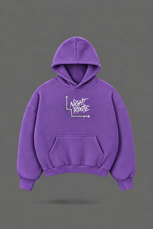 Oversize Night Route Front and Back Printed Hooded Purple Sweatshirt