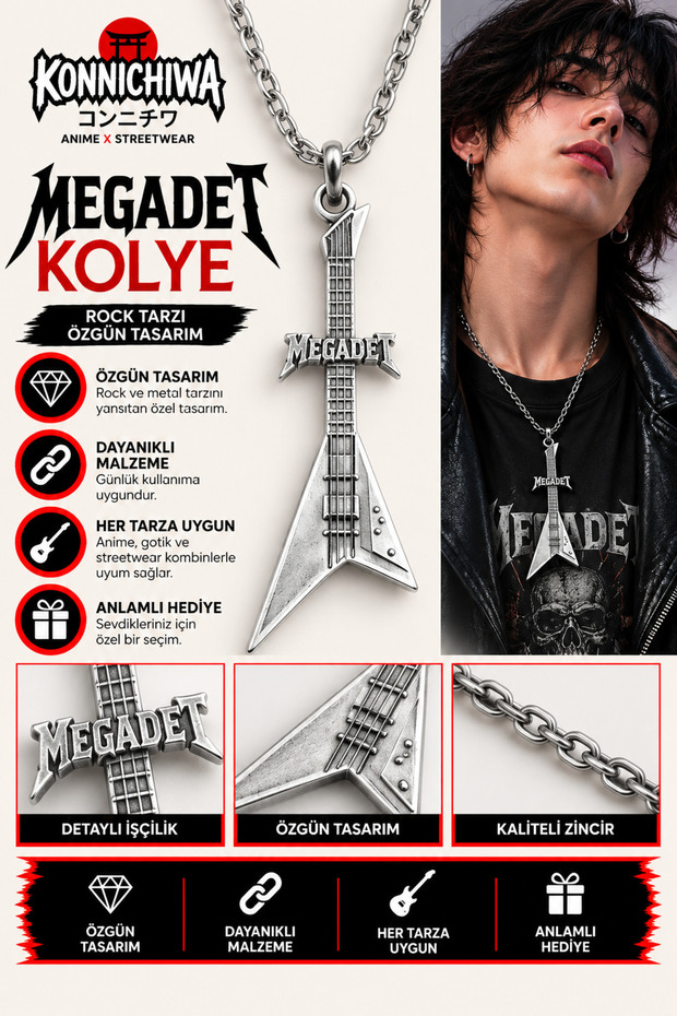 Megadeth Necklace – Heavy Metal Rock Music Necklace with Guitar and Plectrum Figures