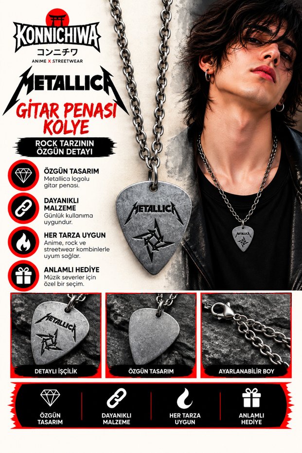 Metallica Necklace – Heavy Metal Rock Necklace with Guitar Pick and Logo Guitar Figure