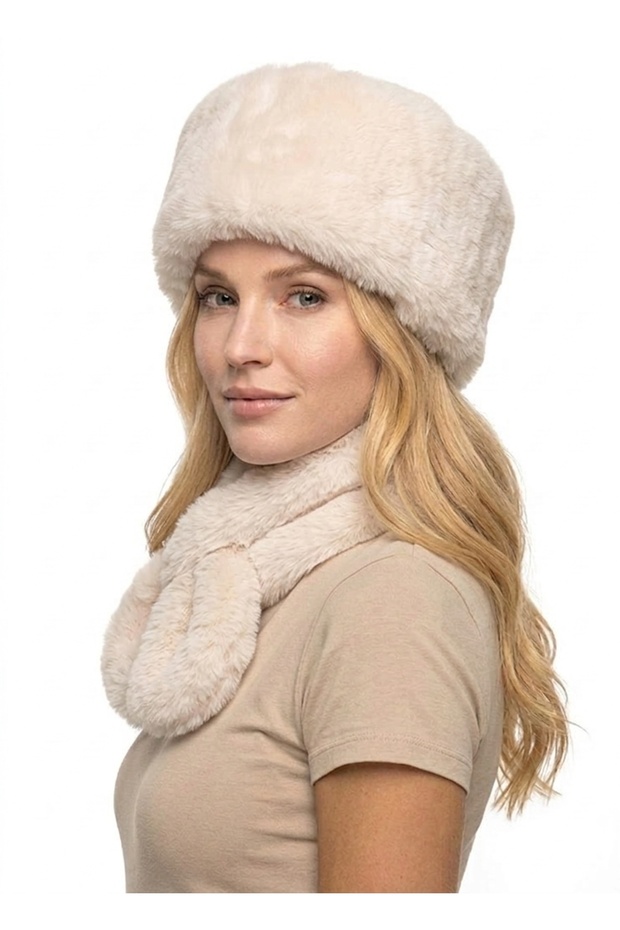 Premium Women's Faux Fur Hat and Plush Scarf Set - Soft Textured Lined Winter Hat and Scarf Set
