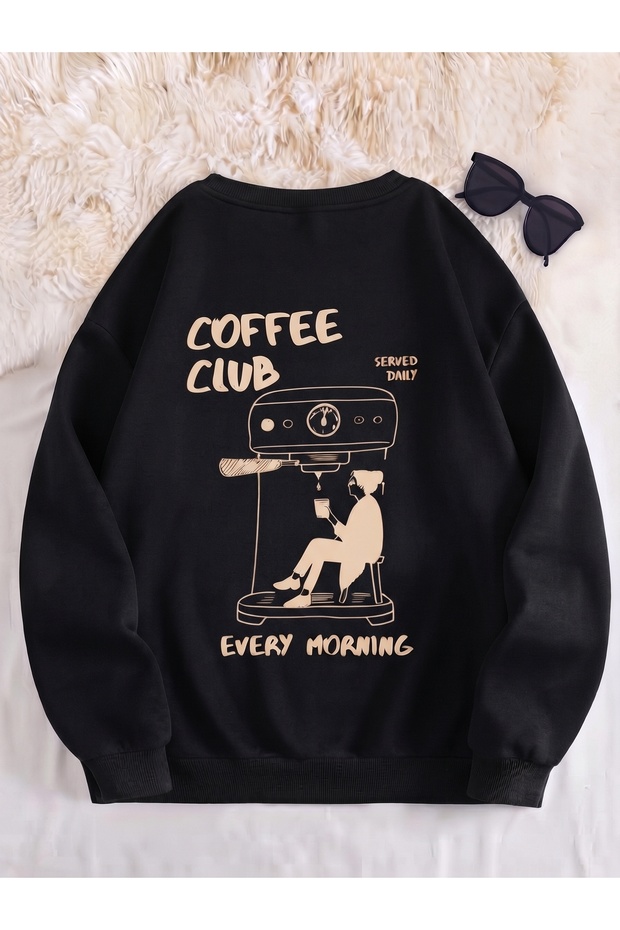 Unisex Coffee Club Printed 2 Thread Crew Neck Oversize Sweatshirt