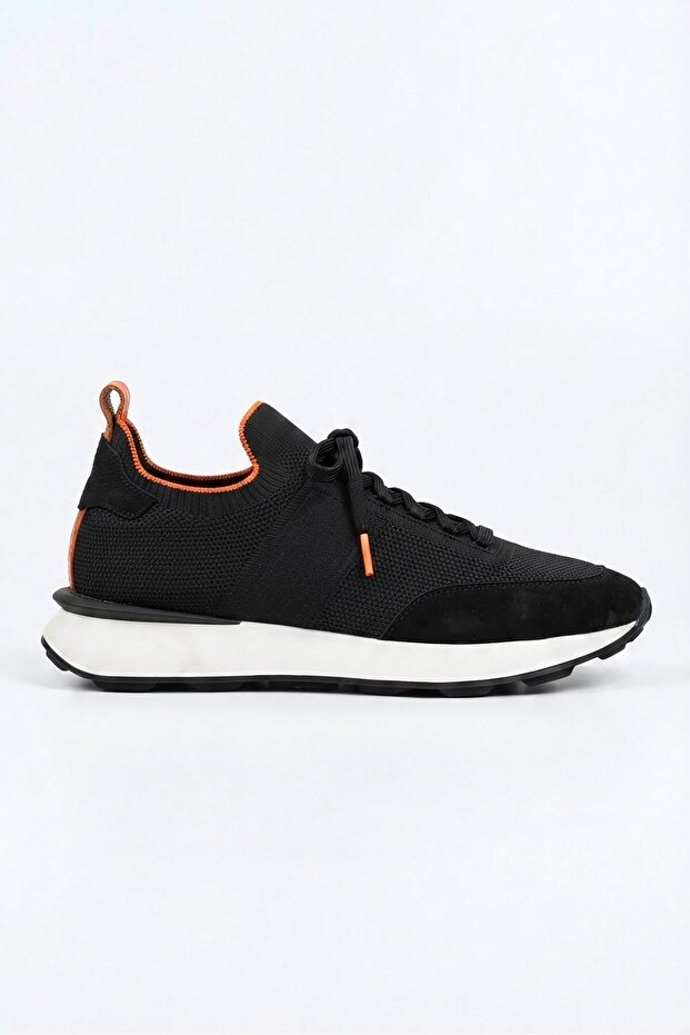 Delta Black-Orange Knitwear & Genuine Leather Sneaker