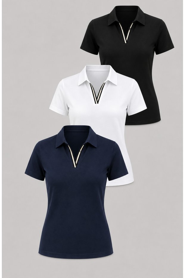 Polo Collar Striped Short Sleeve Body T-Shirt Lycra Set of 3