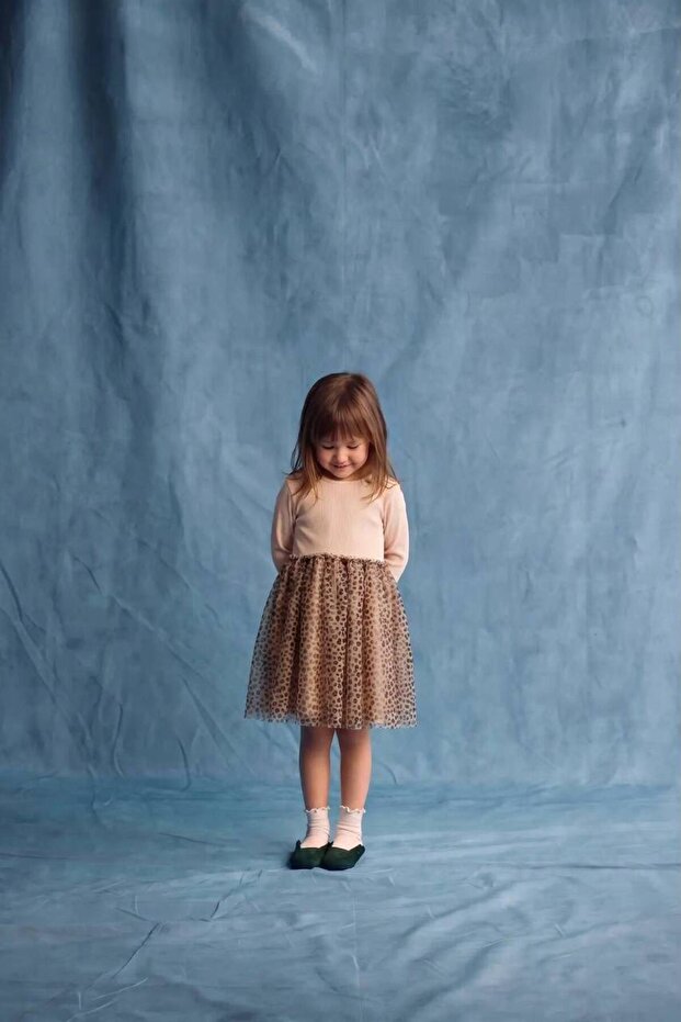 Girl's Cream Leopard Patterned Tulle Ribbed Dress