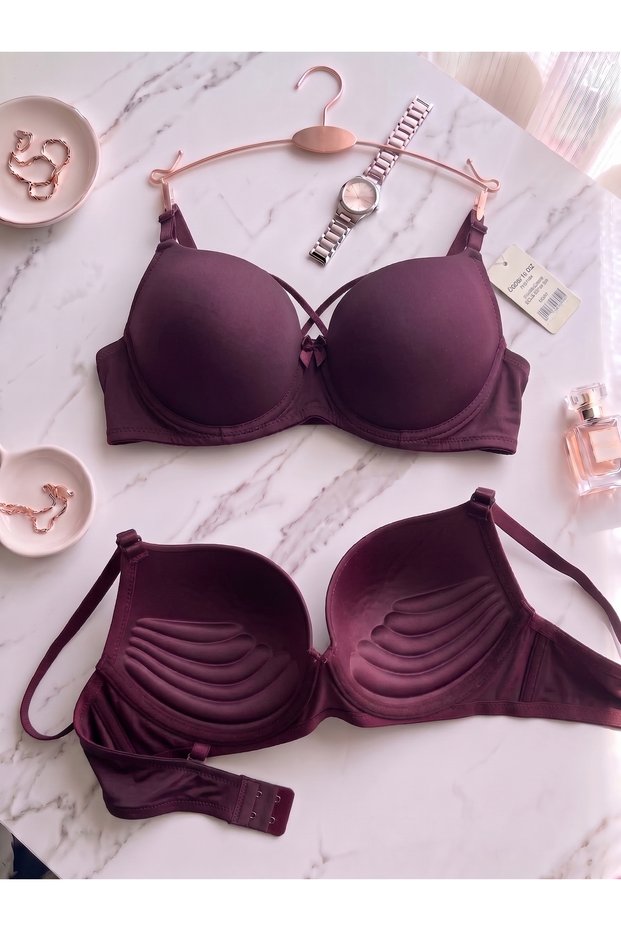 Dark Plum Gathering Micro Fabric Bra with Hand-Padded Half Padding and Rope Detail