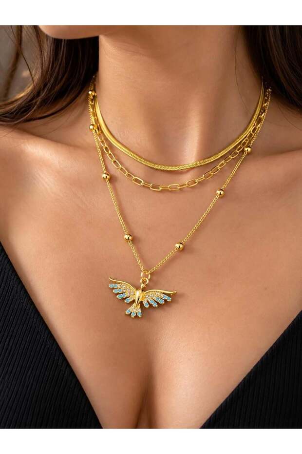 316L Steel Gold Color Phoenix Zircon Stone Three Chain Necklace