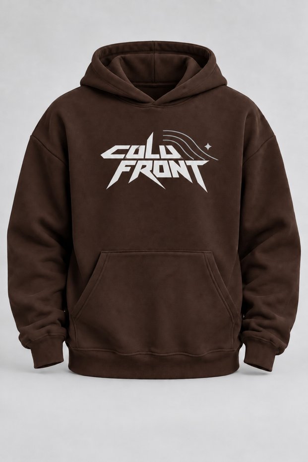 Oversize Coldfront Printed Hooded Brown Sweatshirt