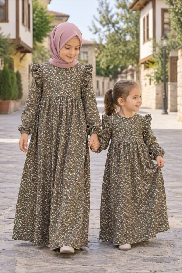 Girl's Hijab Dress – Cotton Viscose Amine Model Full Length – Khaki