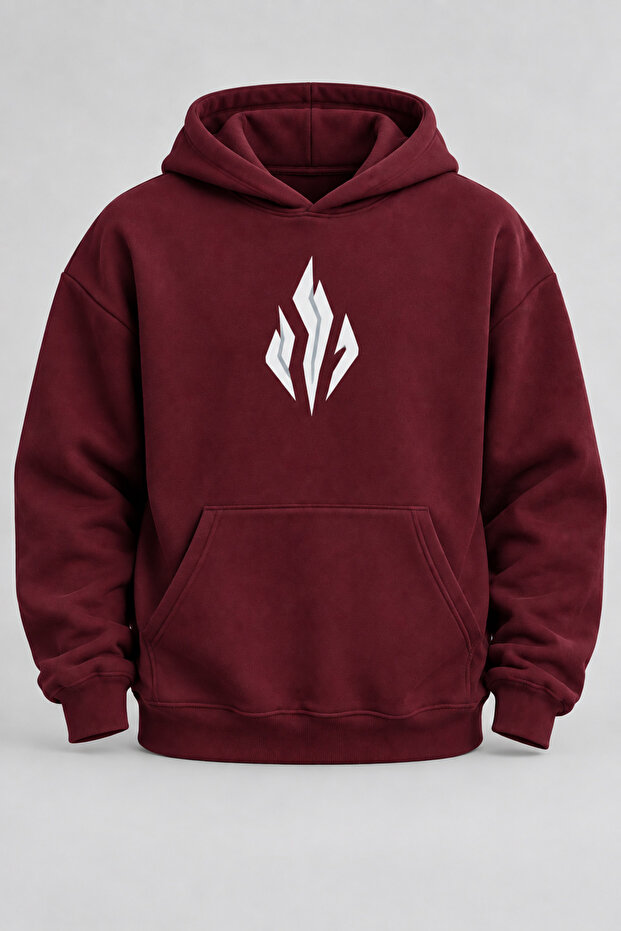 Oversize Flame Printed Hooded Burgundy Sweatshirt
