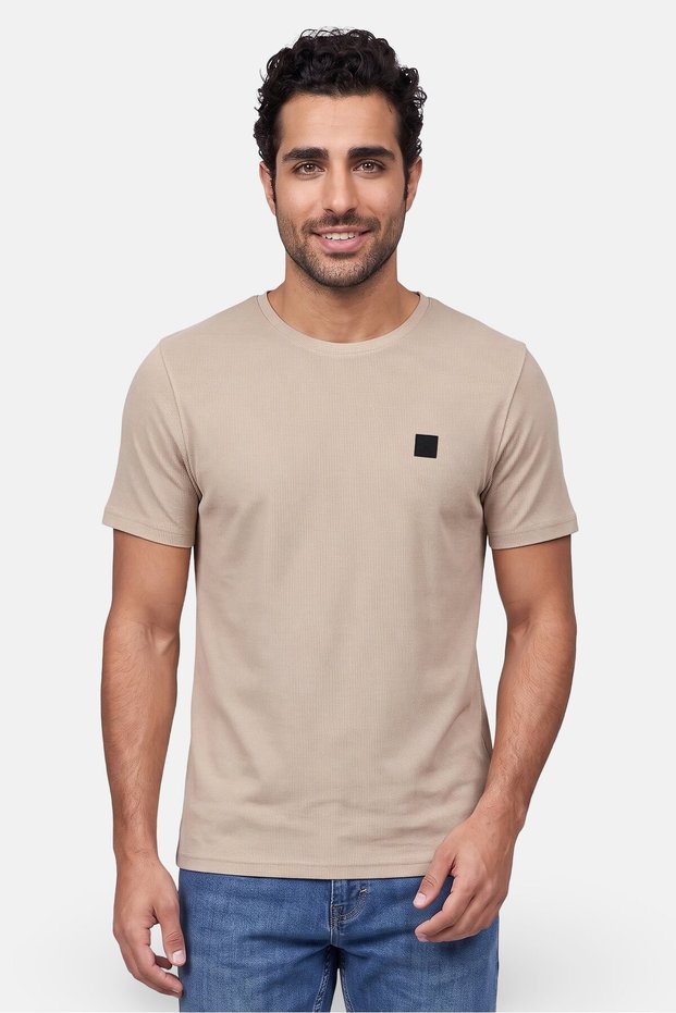 Men Crew Neck Short Sleeve Brand Logo T-Shirt, Dark Beige