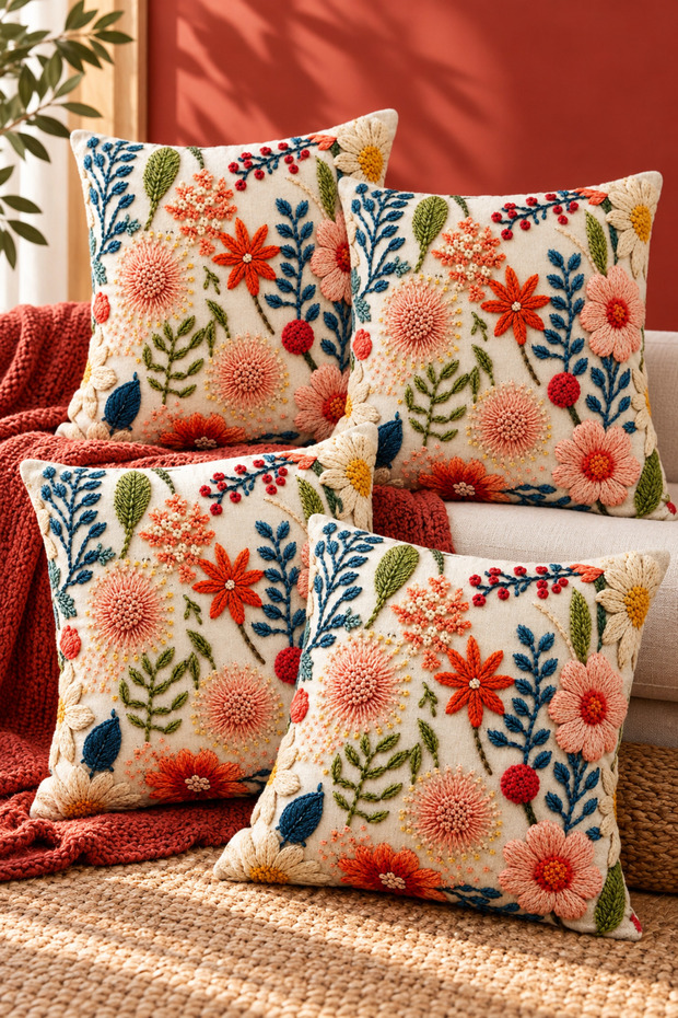 Set of 4 Floral Decorative Throw Pillow Covers 43X43 Cm, 3D Effect Digital Printed - Colors of Spring