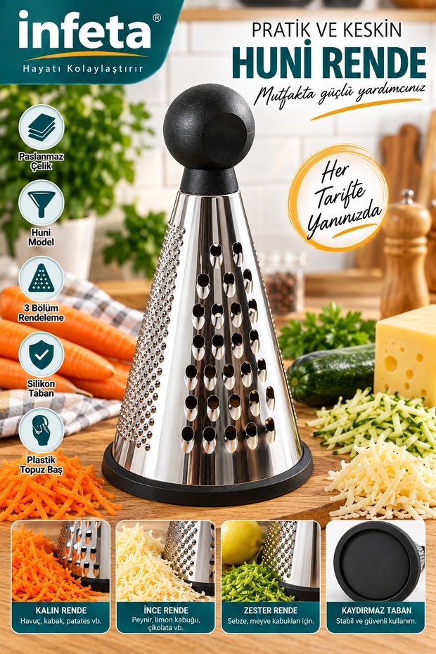 9 Inch 3-Section Steel Metal Funnel Grater with Plastic Knob and Silicone Non-Slip Base
