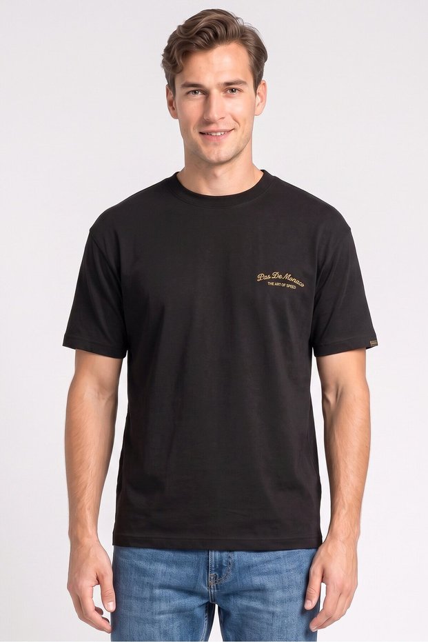 Men Crew Neck Short Sleeve Embroidered Logo T-Shirt, Black