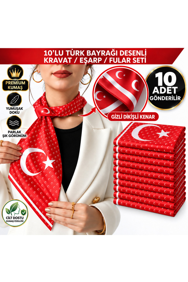 10-Piece Turkish Flag Patterned Premium Scarf Tie Set – Shiny Stylish Fabric – Hidden Stitched Edge