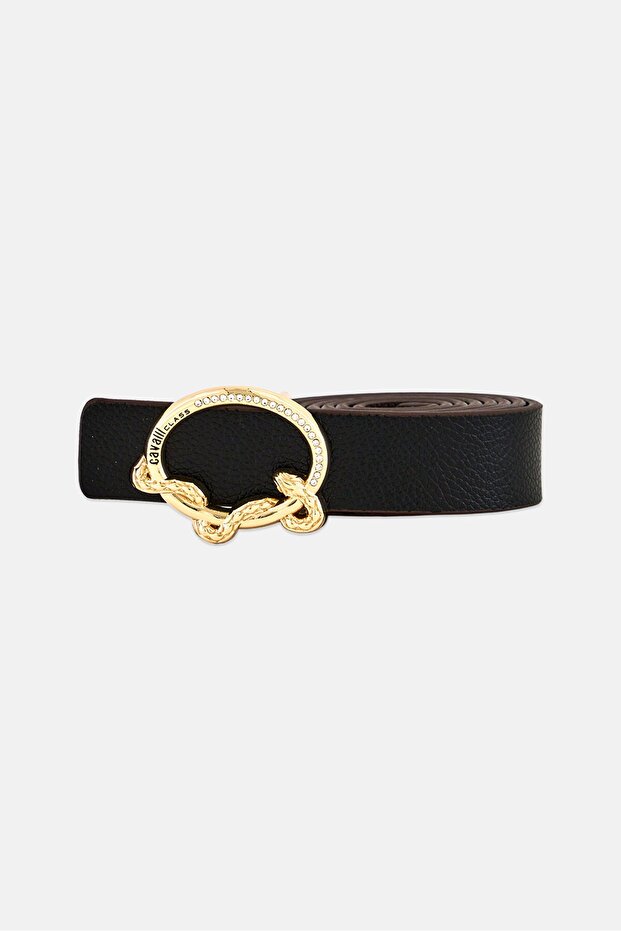 Women Textured Reversible Leather Belt, Black