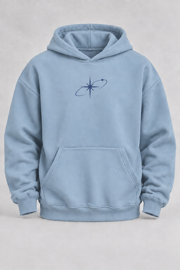 Oversize Minimalist Orbit Printed Hooded Baby Blue Sweatshirt