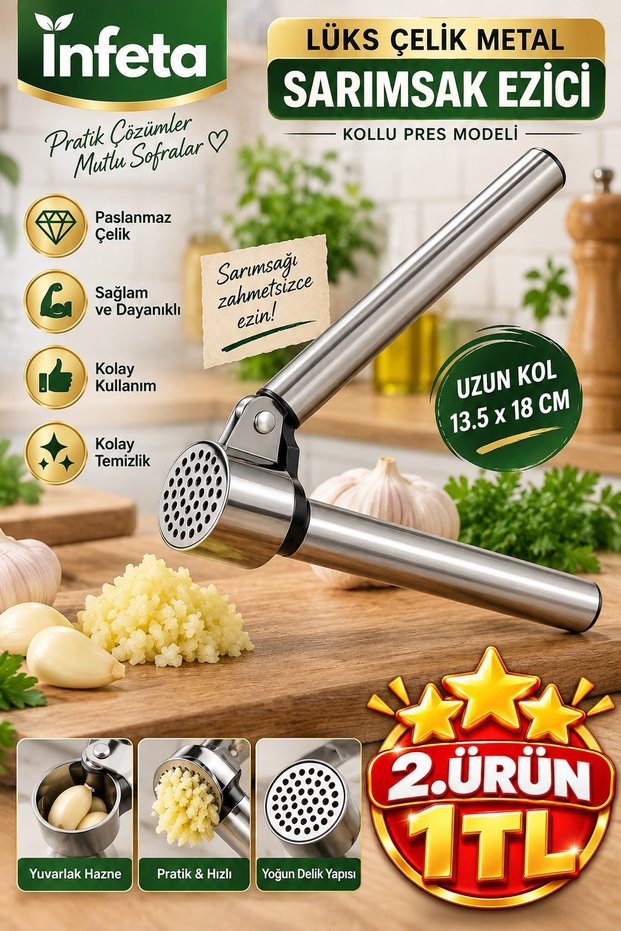13.5X18 cm Steel Garlic Crusher with Long Handle and Round Chamber