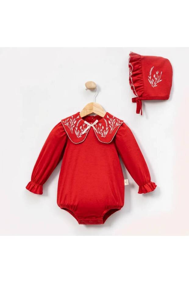 Baby Girl Long Sleeve Embroidered Collared Bonnel Romper Red