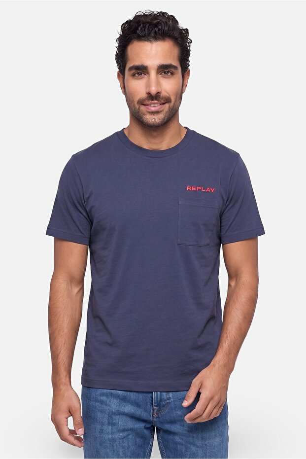 Men Crew Neck Short Sleeve Brand Logo T-Shirt, Navy Blue