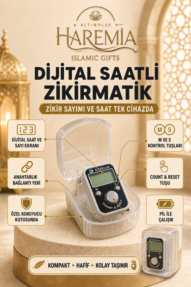 Digital Clock Zikirmatik | Multifunctional Smart Prayer Bead Counter with Special Box and Keychain Strap