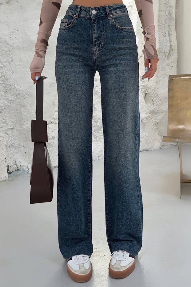 Women's High Waist Washed Wide Leg Palazzo Jeans 3241 Blue - Premium Series