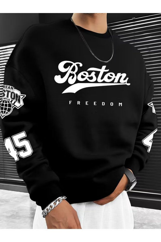 Boston Detail Printed 2 Thread Crew Neck Oversized Sweatshirt