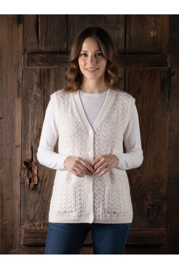 Mother's Vest Classic Patterned Knitted Wool Cotton Blend Vest with Pockets