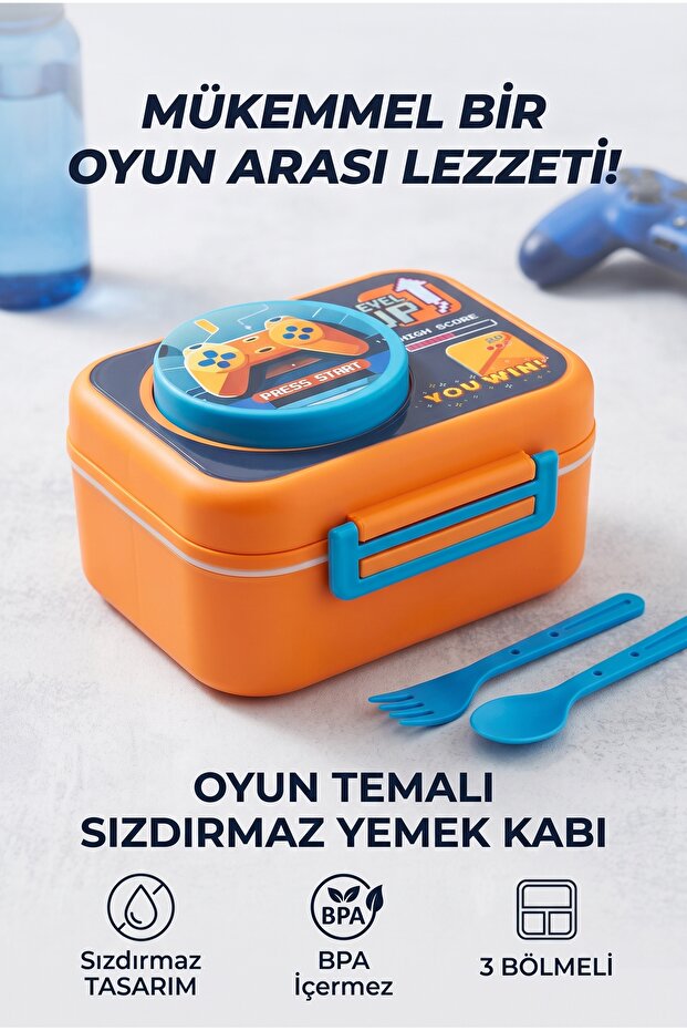 3-Compartment Leak-Proof Children's Lunch Box - Food Container with Sauce Compartment - Children's Lunch Box - Nut Compartment Lunch Box Level up
