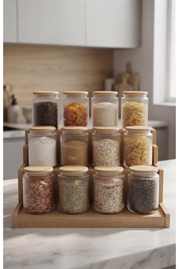 12-Piece Luxury Vacuum-Sealed Striped Glass Jar Set with Bamboo Lids (12 X 1000 ml) – Kitchen Organizer for Food and Grain Storage + Waterproof Sticker as a Gift