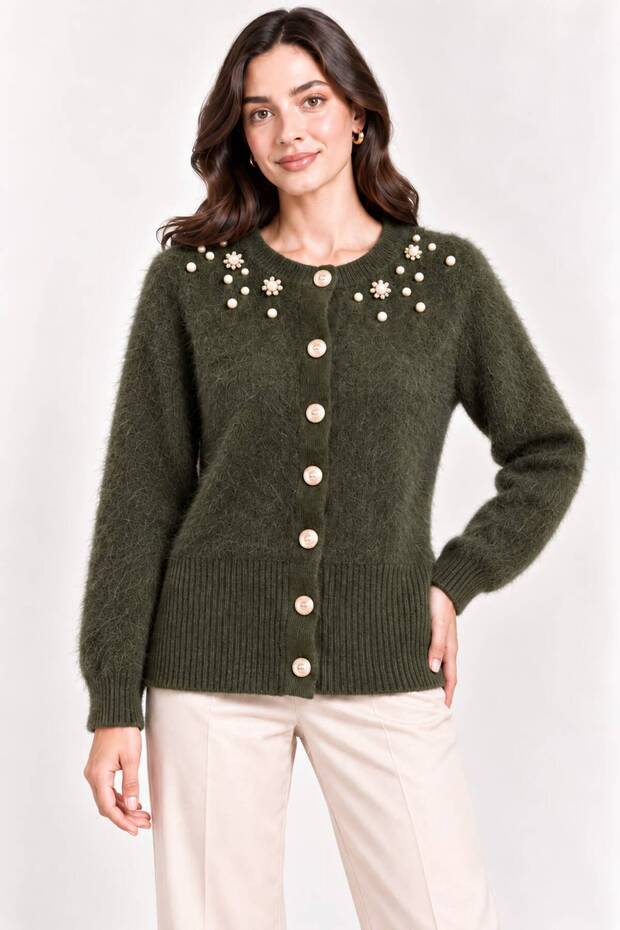 Women's Pearl Detailed 7-Button Crew Neck Feathered Knitwear Jacket