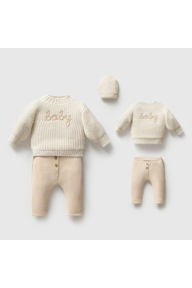 Nipperland "Baby" Embroidered Baby Knitwear Set - Baby Top and Bottom Set with Beret and Buttoned Pants