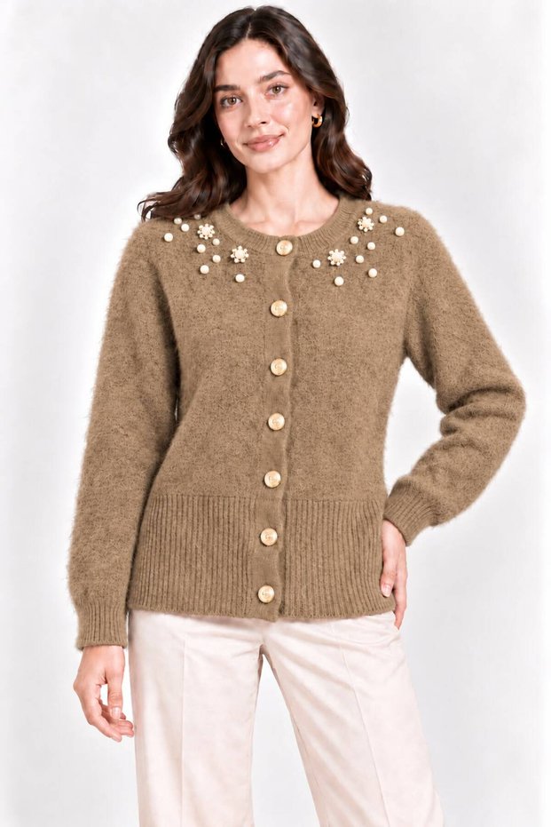 Women's Pearl Detailed 7-Button Crew Neck Feathered Knitwear Jacket
