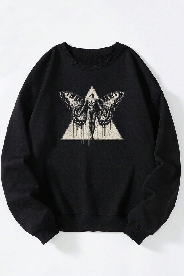 Kelebek Adam Front Printed Black Crew Neck Sweatshirt