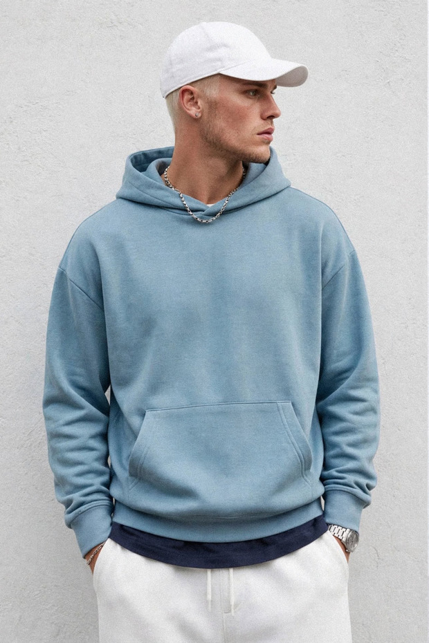 Men's Hooded Sweatshirt with Kangaroo Pocket - Blue