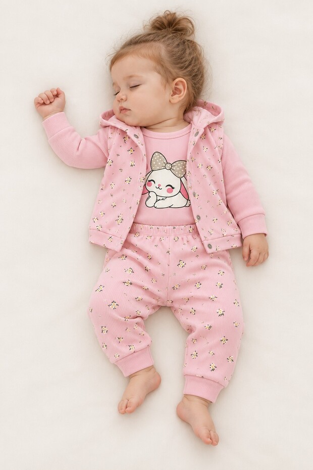 Baby Girl 3-Piece Set Rabbit Printed T-Shirt Pants Hooded Vest 3 6 9 12 Months