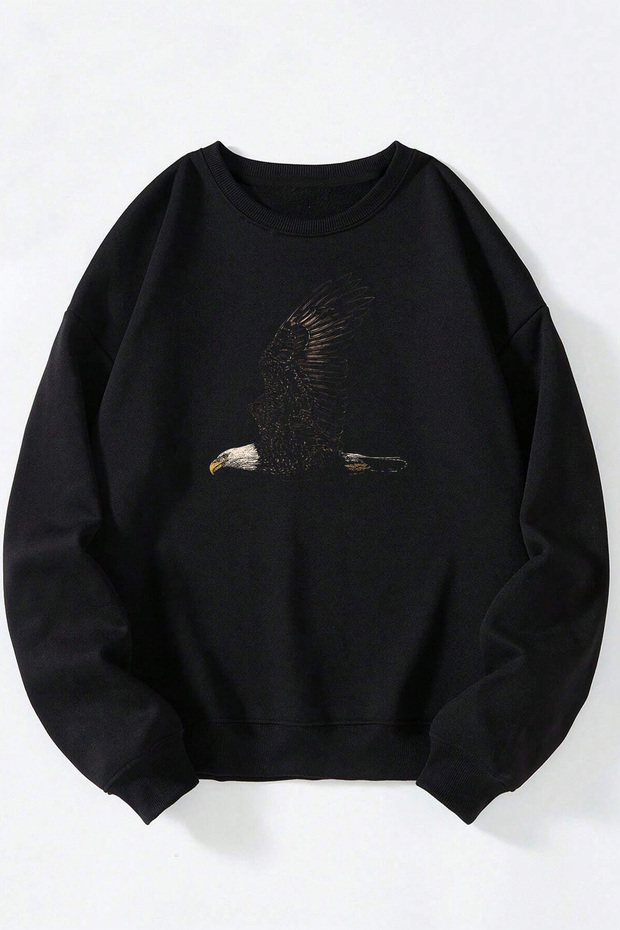 Eagle Front Printed Black Crew Neck Sweatshirt