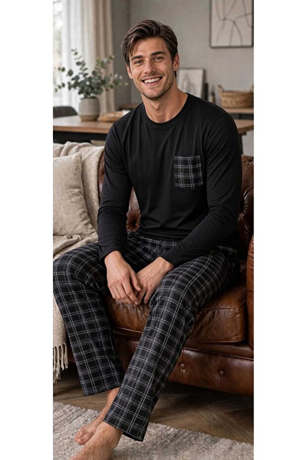 Men's Black Plaid Long Sleeve Cotton Pajama Set