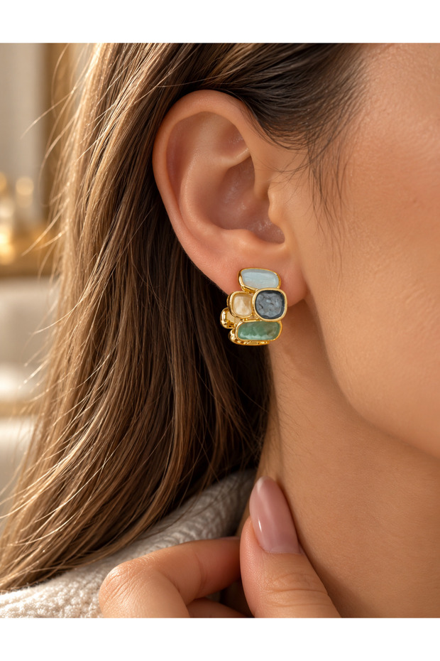 Multi-Colored Stone Geometric Earrings | Stylish Women's Earrings with Colorful Stone Detail | Attention-Grabbing Design