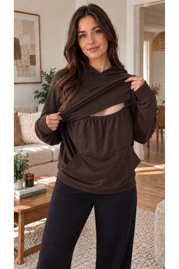 Women's Hooded Breastfeeding Sweatshirt - Long Sleeve Maternity Sweatshirt with Breastfeeding Feature