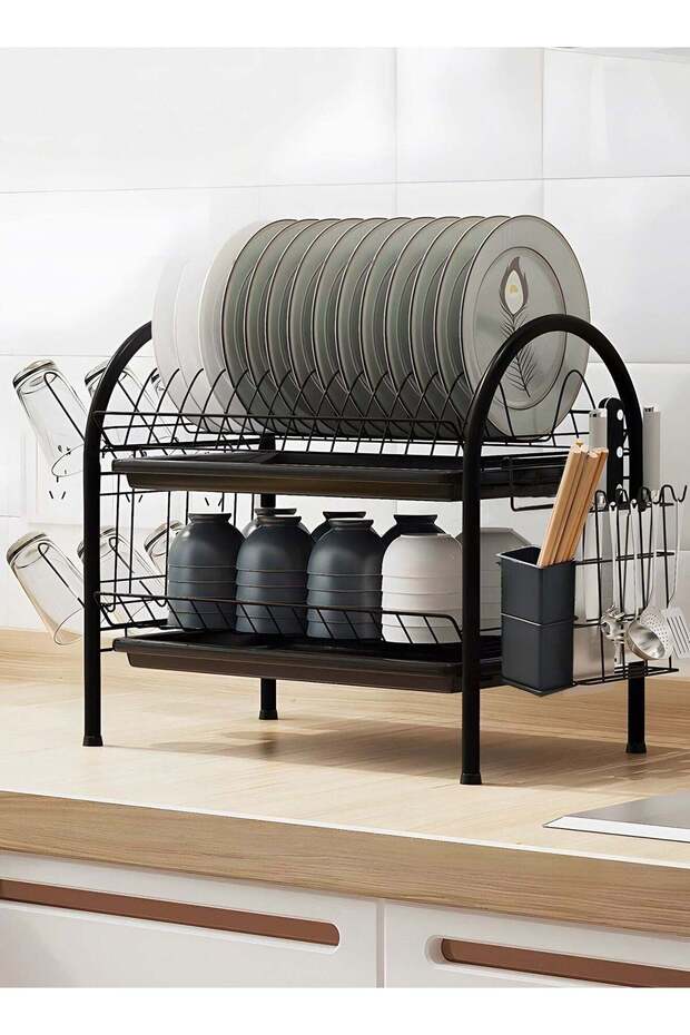 Large Dish Drying Rack, 2 Tier Dish Rack with Tray Utensil Holder & Cup Holders, Drain Board Tray f