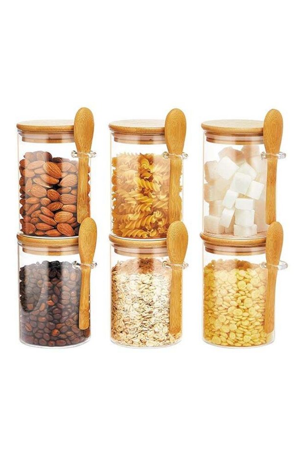 6Pcs Glass Jars with Bamboo Lids & Spoons : 550ml Airtight Glass Spice Jars Clear Sugar Container F