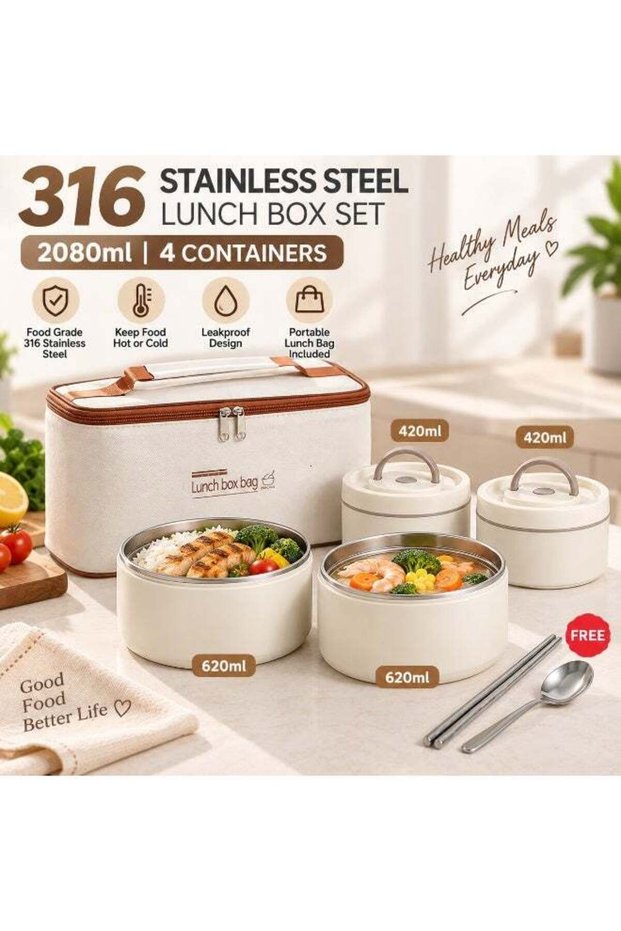 316 Stainless Steel Lunch Box Set, 4-Piece Insulated Bento Containers with Thermal Lunch Bag, 2080m