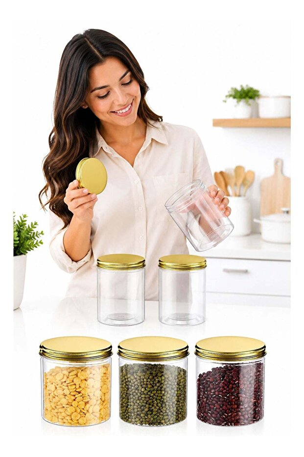 Clear Plastic Storage Jars with Golden Lids, 3 PCS 500ML BPA-Free Round Containers with Wide Mouth