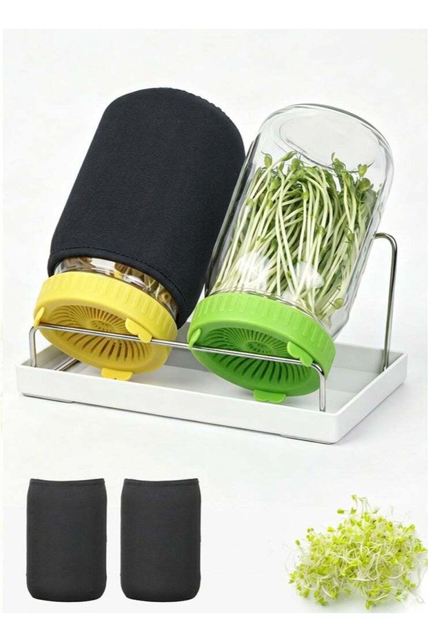 Seed Sprouting Kit, 2×32 Oz Wide-Mouth Mason Jars with Sprouter Lids, Stand, Sprout Tray & Light Sh